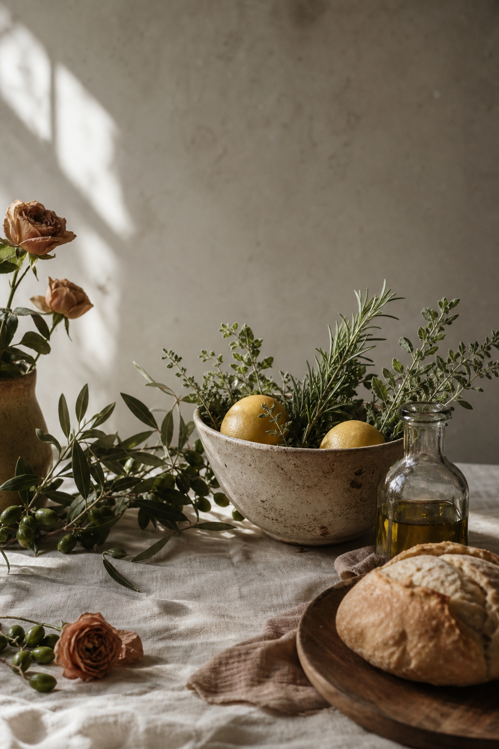Natural ingredients, bread, olive oil and herbs